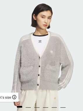 adidas Light Grey Fuzzy V-Neck Cardigan with Cream Trim Asia Exclusive US Large